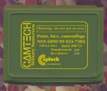 Paint, face, camouflage  NSN: 6850-99-924-7383, the latest non-irritant cam cream specification, NATO approved, coded and in service by numerous Armed Forces units throughout the World